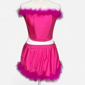 Hot Pink Feather Trim Corset Two-Piece Set